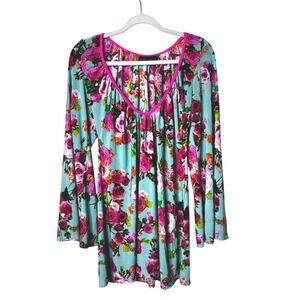 PINK POLKA DOT Floral Tunic Blouse M Bell Sleeve Blue Pink Rose Stretch Boho